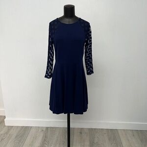 Navy Fit & Flare Dress | Sheer Polka Dot Sleeve Dress | Elegant Skater Dress